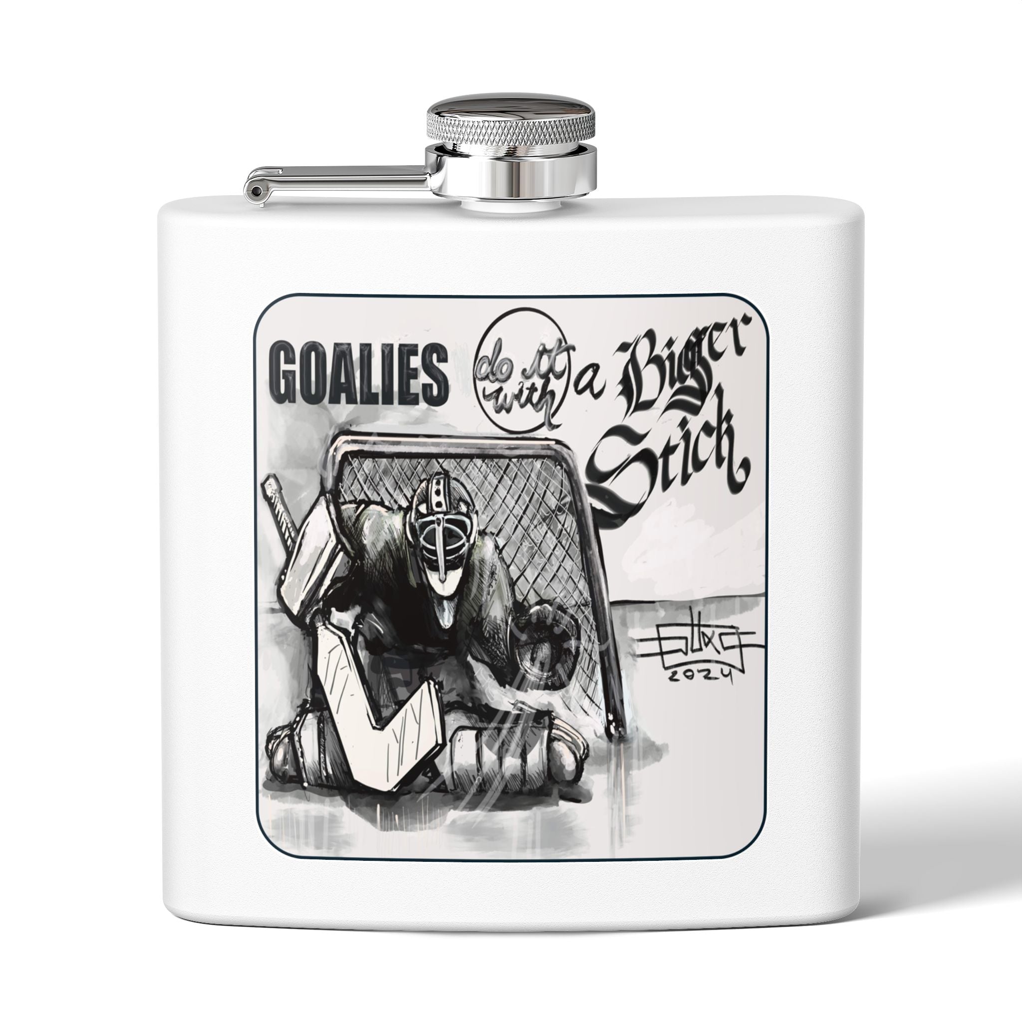 6oz Stainless Steel Flask – 'Goalies Do It With a Bigger Stick'