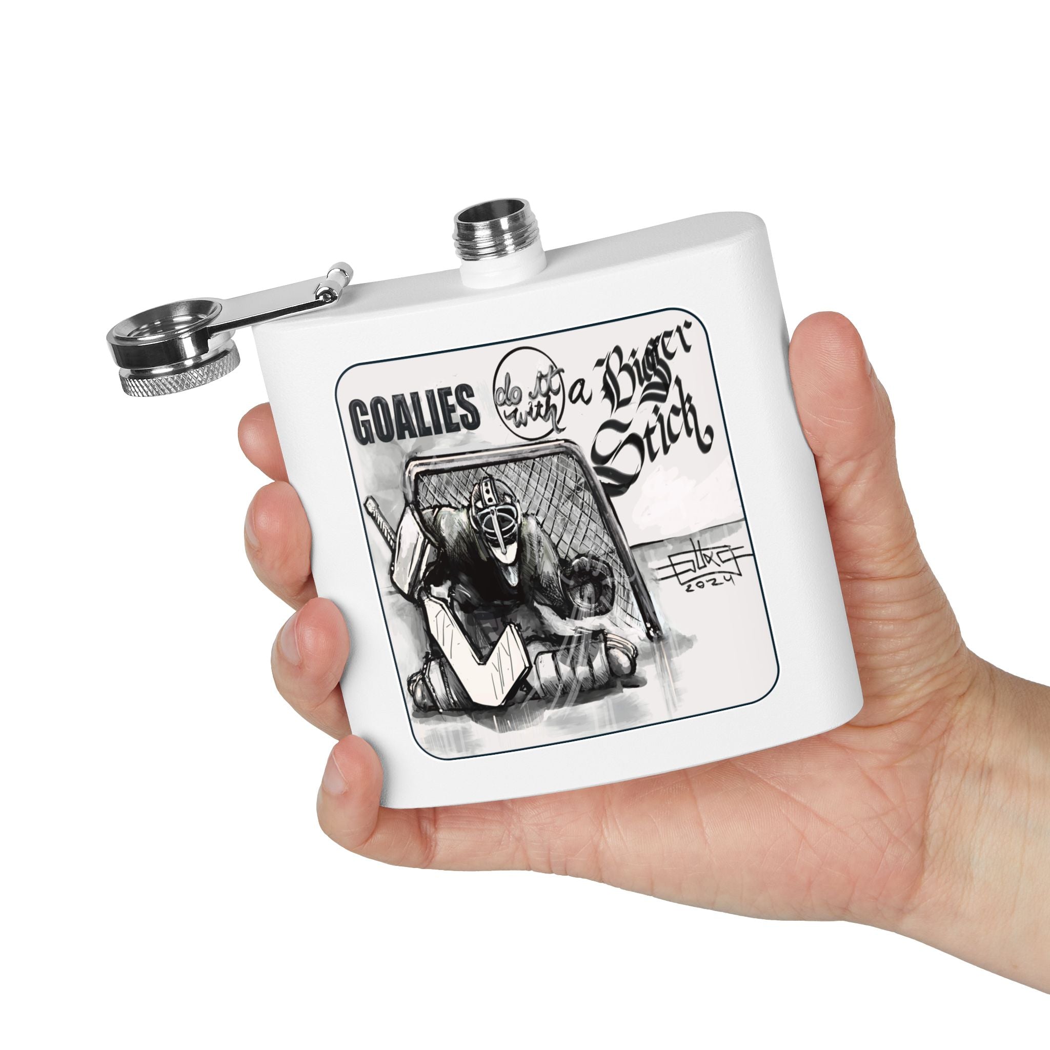 6oz Stainless Steel Flask – 'Goalies Do It With a Bigger Stick'